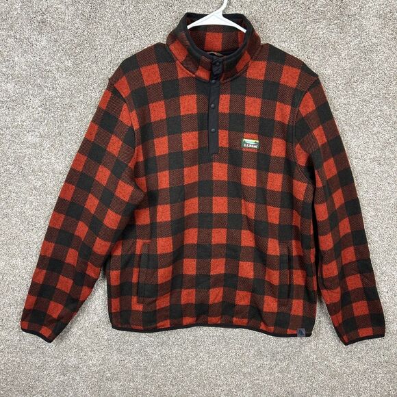 LL Bean‎ Buffalo Plaid Sweater Fleece Pullover Men's Size Large Red Black Snap - Picture 1 of 6